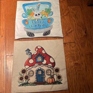 2 cute 18” Easter pillow covers. Soft fabric on top one; heavier burlap below.